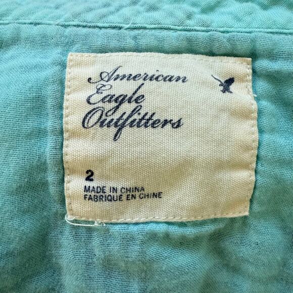 American Eagle Pearl Snap Plaid Shirt Navy Aqua Long Sleeve Size 2 Y2K Grunge - Picture 7 of 8